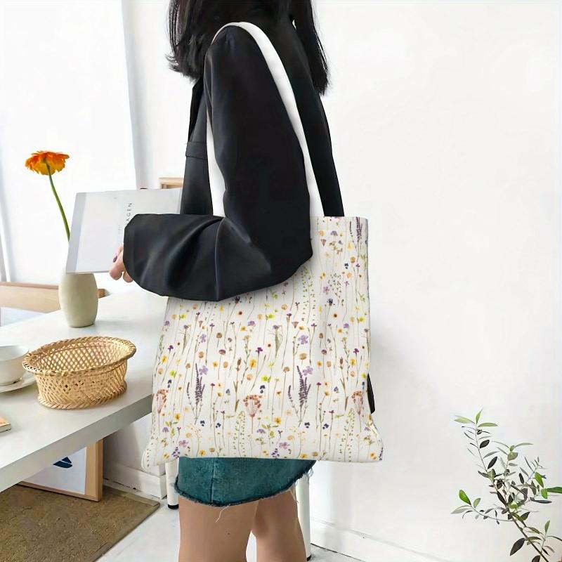 Summer Wildflower Floral Canvas Tote Bag Reusable Grocery Bag