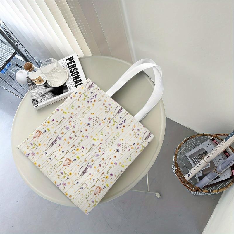 Summer Wildflower Floral Canvas Tote Bag Reusable Grocery Bag
