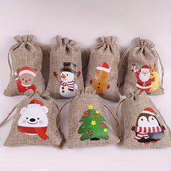 7pcs Christmas Gift Bag Drawstring Linen Jewelry Accessories Storage Bag