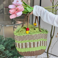 Hand woven Beaded Straw Handbag Tassel Beach Vacation Bag