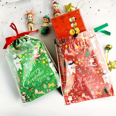 10pcs Christmas Double Layers PE Bag Drawstring Packaging Gift Bag Red Classic