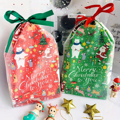 10pcs Christmas Double Layers PE Bag Drawstring Packaging Gift Bag Red Classic