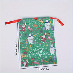 10pcs Christmas Double Layers PE Bag Drawstring Packaging Gift Bag Red Classic