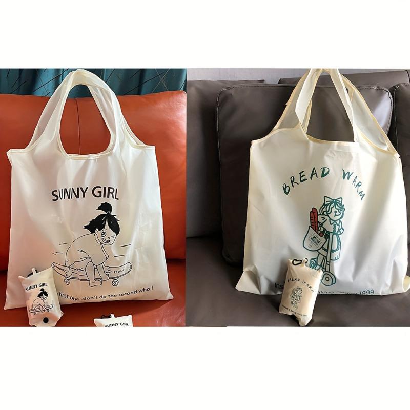 2pcs Cartoon Printed Reusable Grocery Bags Portable Folding Supermarket Shopping