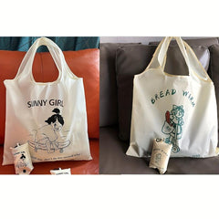2pcs Cartoon Printed Reusable Grocery Bags Portable Folding Supermarket Shopping