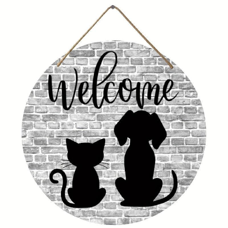 Dog And Cat Welcome Wooden Round Sign
