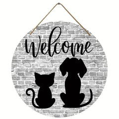 Dog And Cat Welcome Wooden Round Sign
