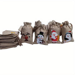 12pcs Christmas Burlap Gift Bag Drawstring 4 Patterns Party Decor