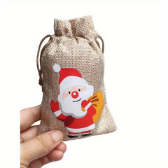12pcs Christmas Burlap Gift Bag Drawstring 4 Patterns Party Decor