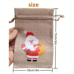12pcs Christmas Burlap Gift Bag Drawstring 4 Patterns Party Decor