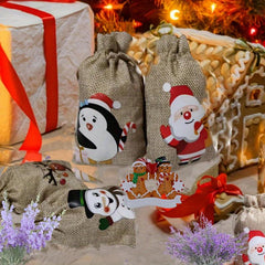 12pcs Christmas Burlap Gift Bag Drawstring 4 Patterns Party Decor