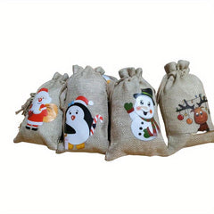 12pcs Christmas Burlap Gift Bag Drawstring 4 Patterns Party Decor