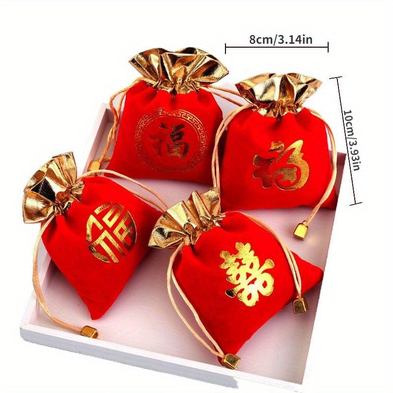 4pcs Red Velvet Bag Pull Strap Jewelry Buddha Beads Blessing Bag