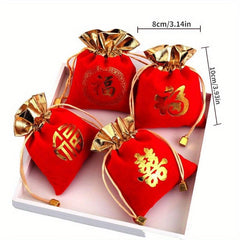 4pcs Red Velvet Bag Pull Strap Jewelry Buddha Beads Blessing Bag