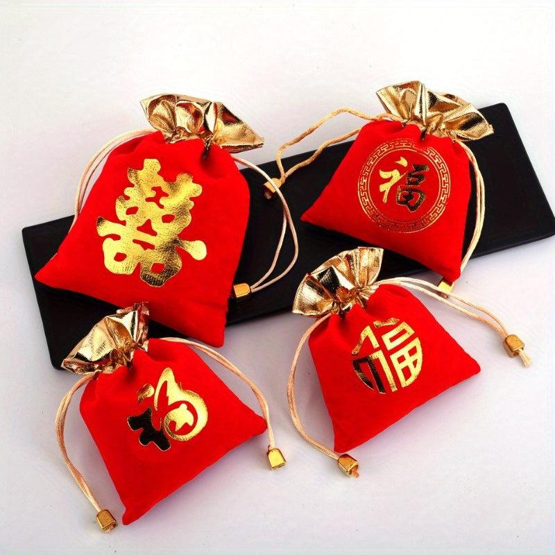 4pcs Red Velvet Bag Pull Strap Jewelry Buddha Beads Blessing Bag