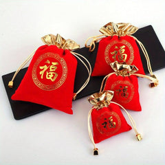 4pcs Red Velvet Bag Pull Strap Jewelry Buddha Beads Blessing Bag