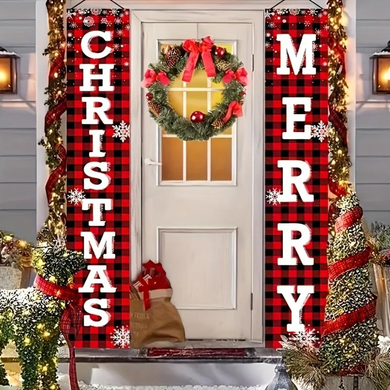 2pcs Christmas Outdoor Decor Set Red Checked Door Banner Merry Christm