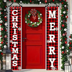 2pcs Christmas Outdoor Decor Set Red Checked Door Banner Merry Christm
