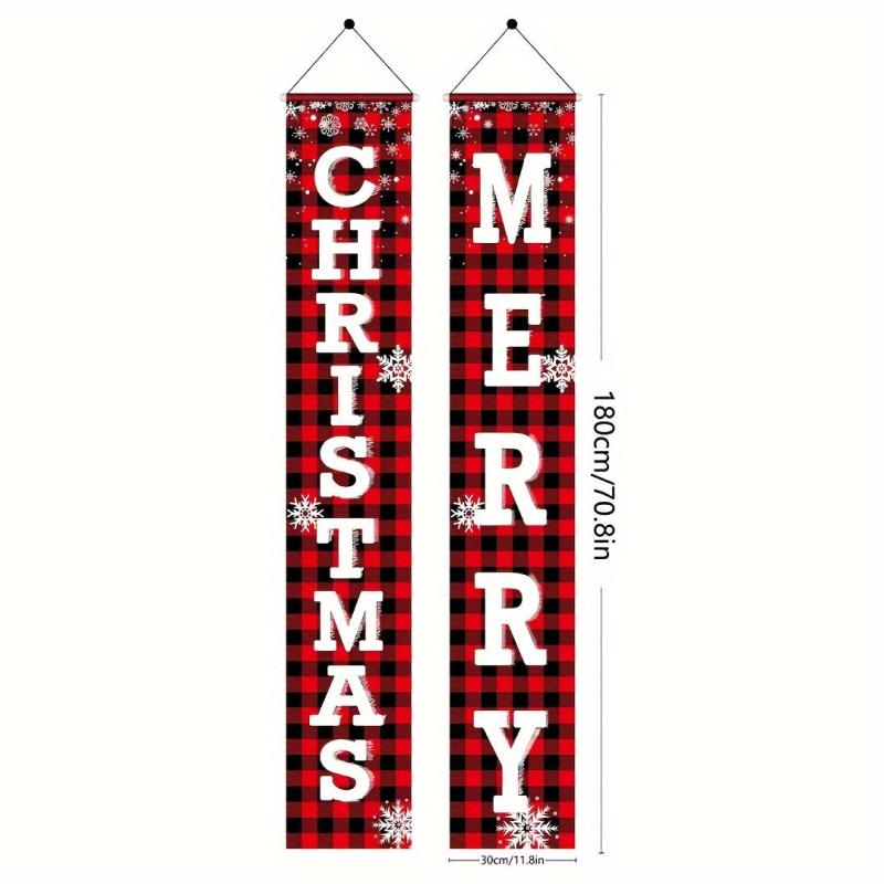 2pcs Christmas Outdoor Decor Set Red Checked Door Banner Merry Christm