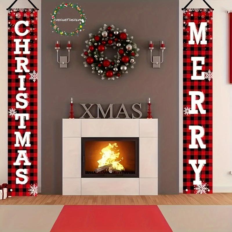 2pcs Christmas Outdoor Decor Set Red Checked Door Banner Merry Christm