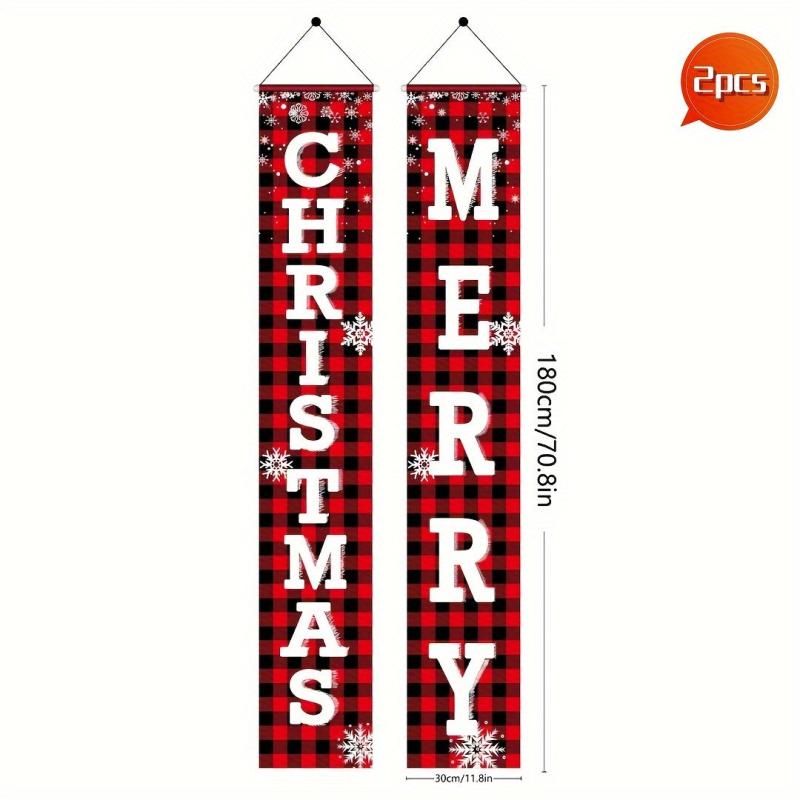 2pcs Christmas Outdoor Decor Set Red Checked Door Banner Merry Christm