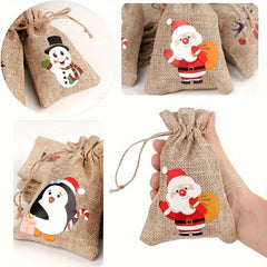 12pcs Christmas Burlap Gift Bag with Drawstrings, 4 Patterns, 3 of Each Type