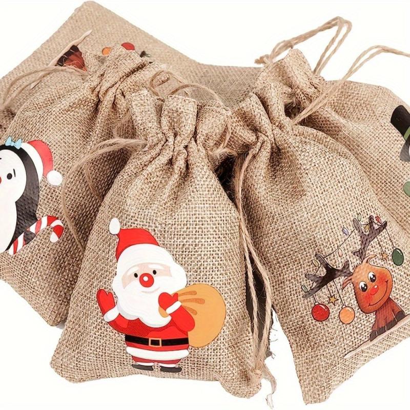 12pcs Christmas Burlap Gift Bag with Drawstrings, 4 Patterns, 3 of Each Type