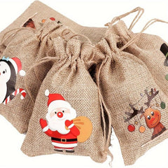 12pcs Christmas Burlap Gift Bag with Drawstrings, 4 Patterns, 3 of Each Type