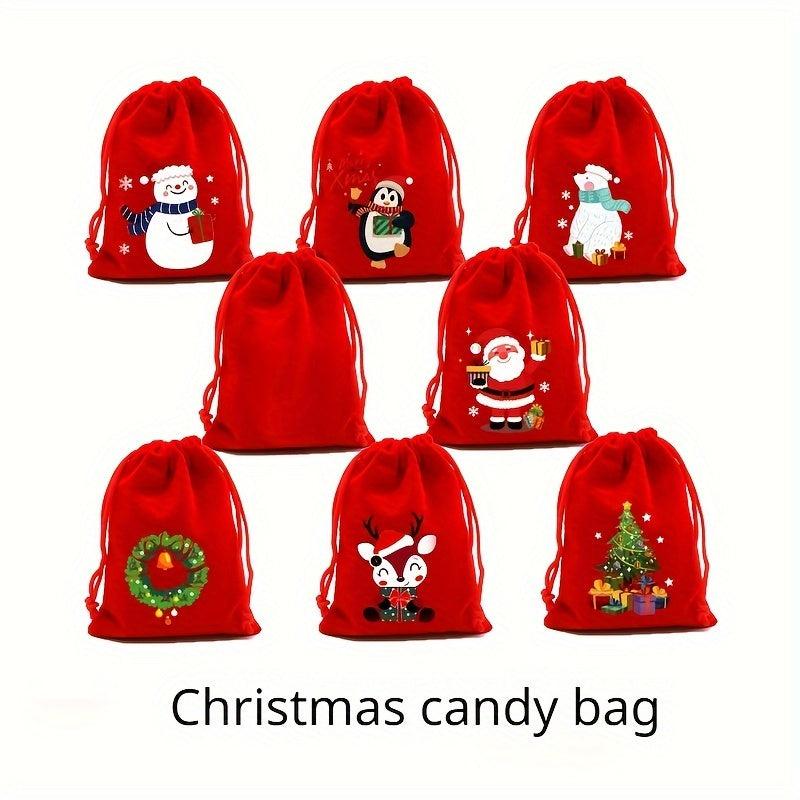 5pcs Red Christmas Velvet Bags 9x12cm Drawstring Pouch Candy Gift Bag