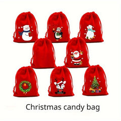 5pcs Red Christmas Velvet Bags 9x12cm Drawstring Pouch Candy Gift Bag