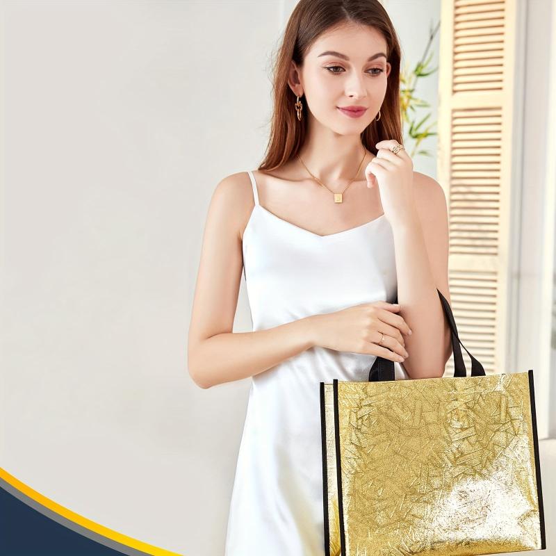 6pcs Golden Gift Bags with Handles Large Christmas Gift Bags Non-woven Glossy