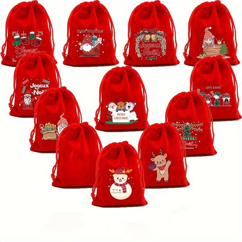 5pcs Red Christmas Velvet Bags 9x12cm Drawstring Pouch Candy Gift Bag