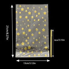 100pcs Golden Star Pattern Cellophane Candy Bags with Twist Tie for Party Snacks