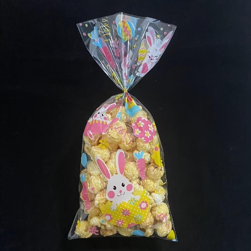 100pc Egg Rabbit Clear Cellophane Candy Bags Golden Ties for Easter Parties