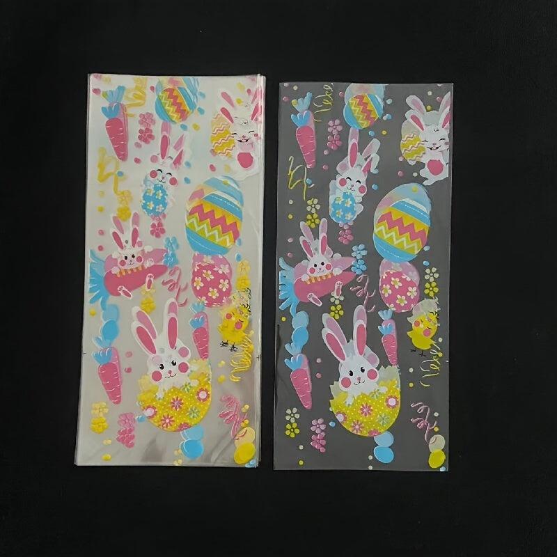 100pc Egg Rabbit Clear Cellophane Candy Bags Golden Ties for Easter Parties