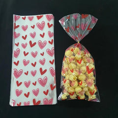 100pcs Doodle Heart Cellophane Candy Bag + 100pcs Golden Ties