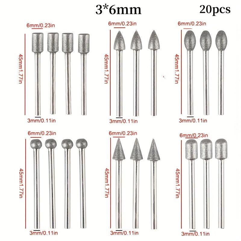 20pcs Diamond Grinding Heads Mini Bits for Rotary Tool 3mm Shank Abrasive Tool