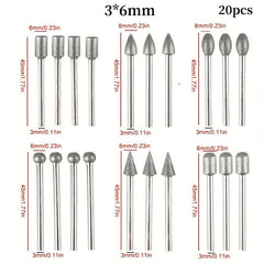 20pcs Diamond Grinding Heads Mini Bits for Rotary Tool 3mm Shank Abrasive Tool