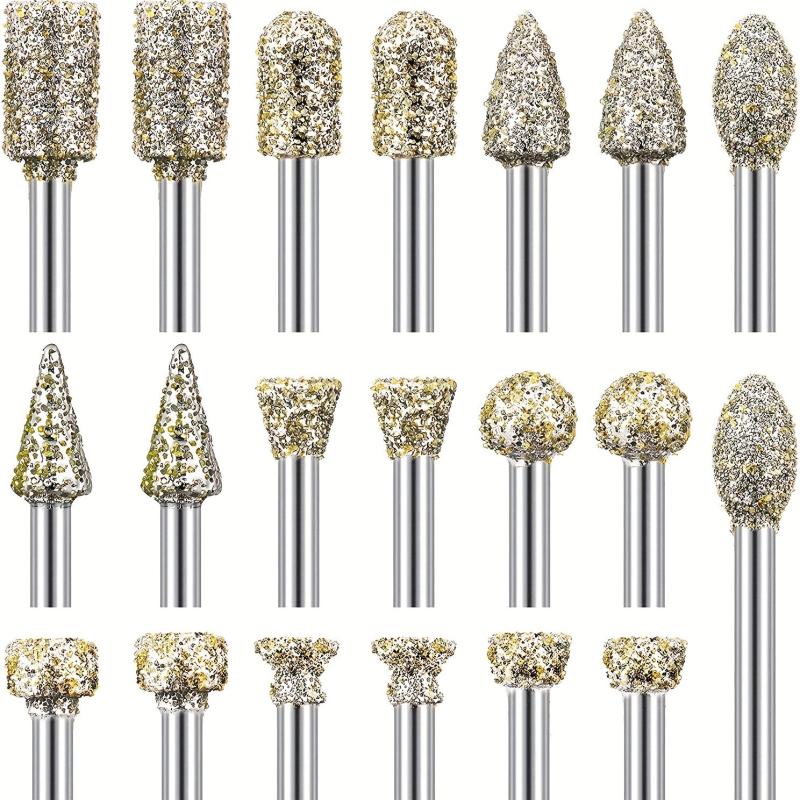 20pcs Diamond Grinding Burr Drill Bit Set with 2.54, 2.0, and 3.2cm Shank
