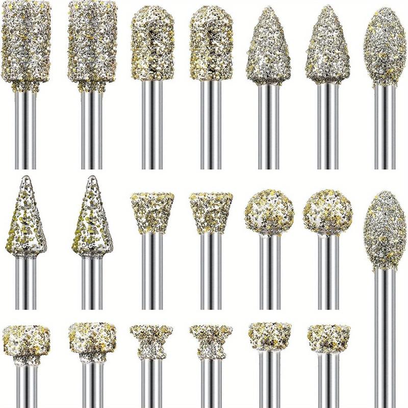 20pcs Diamond Grinding Burr Drill Bit Set with 2.54, 2.0, and 3.2cm Shank
