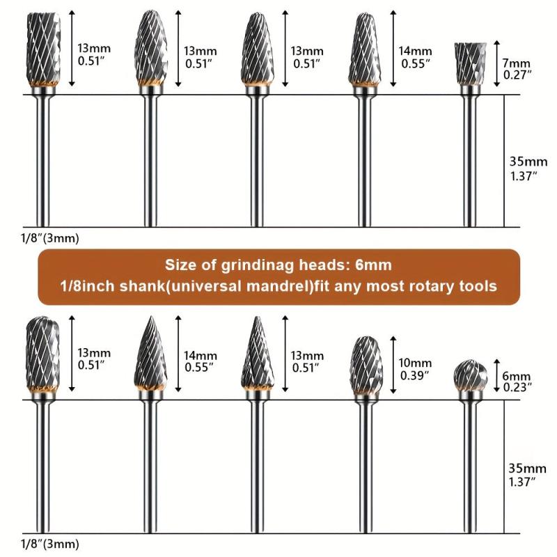 10pcs Tungsten Carbide Rotary Burr Set - 1/8 Inch Shank