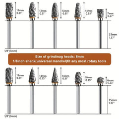 10pcs Tungsten Carbide Rotary Burr Set - 1/8 Inch Shank