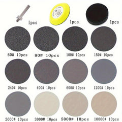 123pcs 3in Sanding Disc Kit 1/4in Shank Hook & Loop Sandpaper 60-10000 Grit