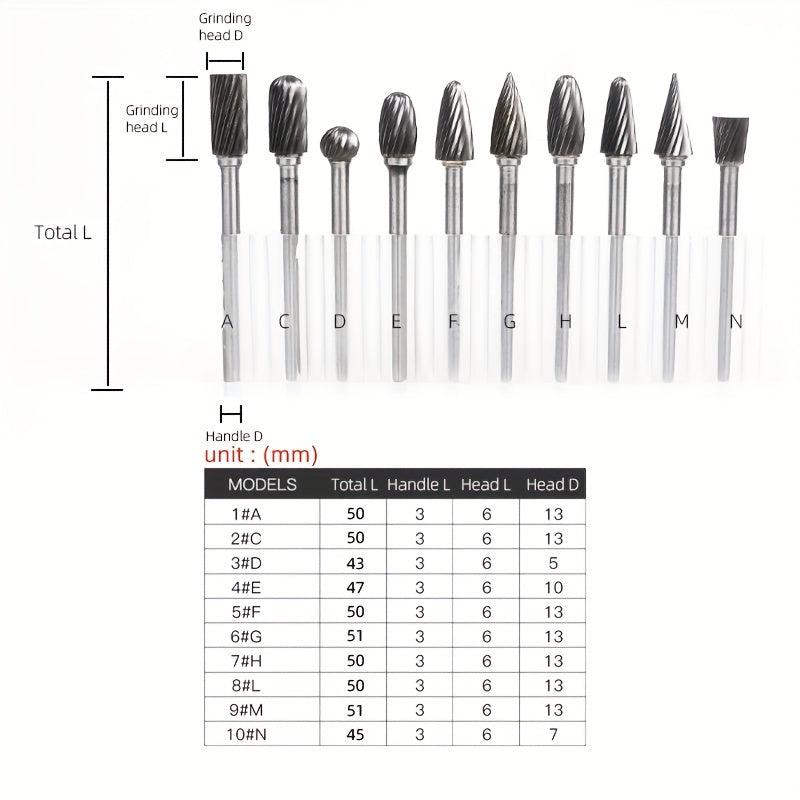 10pcs Carbide Burr Set 1/8 Shank Tungsten Steel for Wood Metal Car
