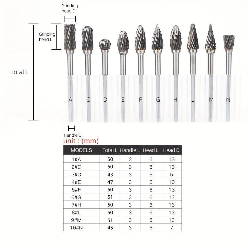 10pcs Carbide Burr Set 1/8 Shank Tungsten Steel for Wood Metal Car