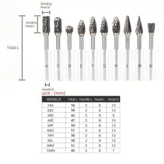 10pcs Carbide Burr Set 1/8 Shank Tungsten Steel for Wood Metal Car