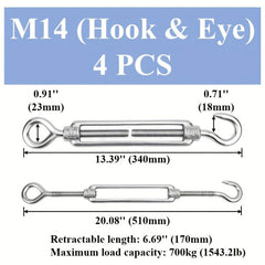 304 Stainless Steel Eye & Hook Turnbuckle M4 M12 Heavy Duty Wire Rope Tension