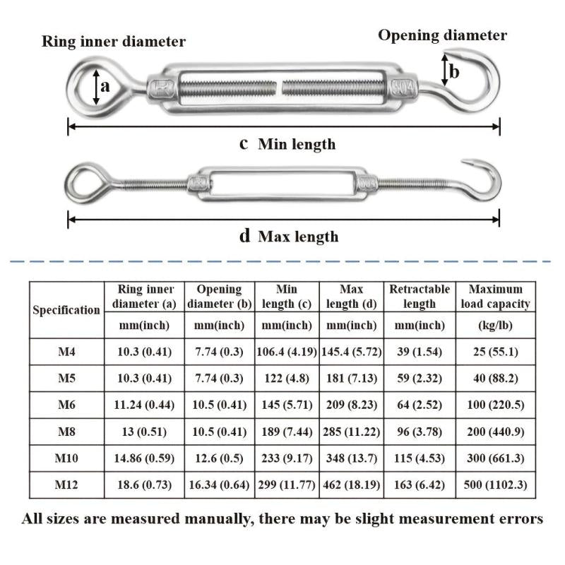 304 Stainless Steel Eye & Hook Turnbuckle M4 M12 Heavy Duty Wire Rope Tension
