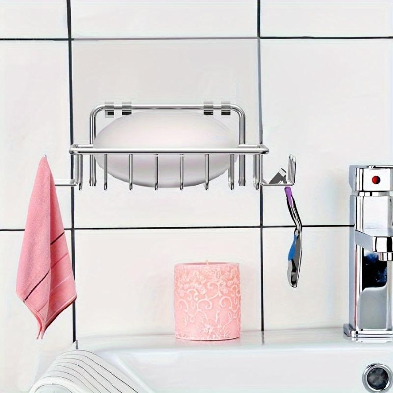 Stainless Steel Soap Dish Holder with 4 Hooks - Bathroom Shower Adhesive