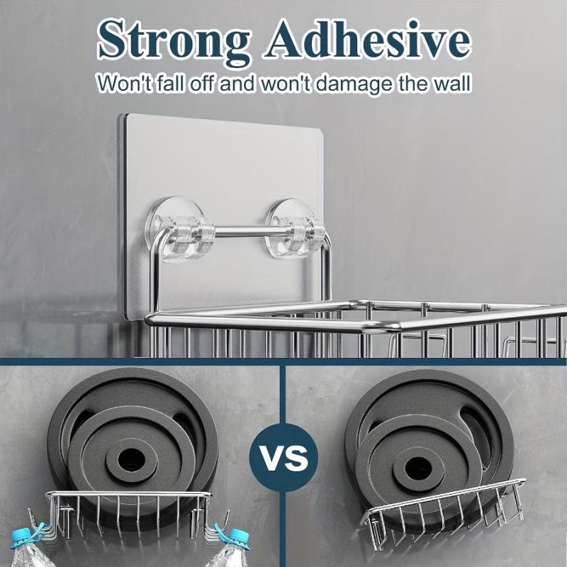 Stainless Steel Soap Dish Holder with 4 Hooks - Bathroom Shower Adhesive